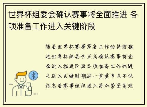 世界杯组委会确认赛事将全面推进 各项准备工作进入关键阶段